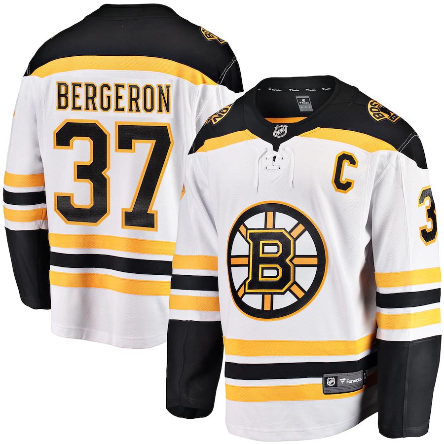 Men Boston Bruins #37 Patrice Bergeron Fanatics Branded White Away Captain Premier Breakaway Player NHL Jersey->boston bruins->NHL Jersey